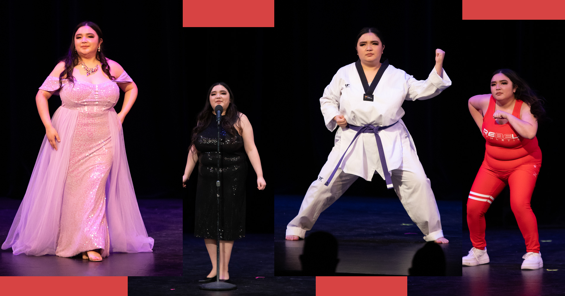 SRJC student Ellie Audette competing for Miss Sonoma County in various outfits: pink evening dress, black dress, martial arts attire, sports outfit. 