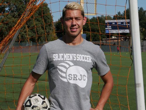 Man holding a soccer ball in front of a soccer goal